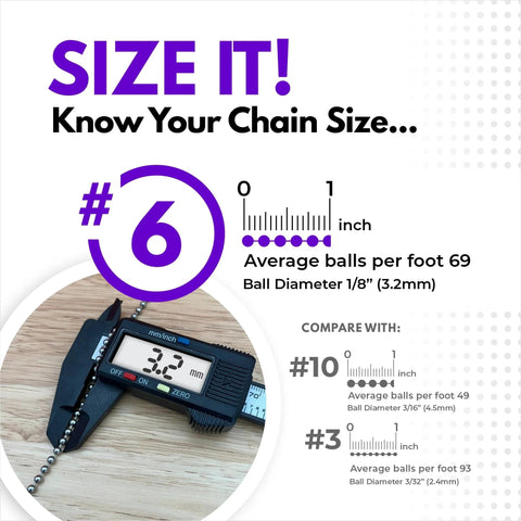 Measuring bead diameter of WAXAW Stainless Steel Number Six Beaded Ball Chain 100 Foot Spool And Number Six Connectors 100 Pack USA Made Bundle