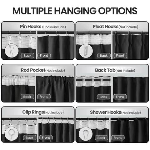Multiple hanging options for Floor To Ceiling Blackout Curtain Panel For Wall And Ceiling Track System Room Divider With Hooks Soundproof Privacy Shield Extra Wide One Panel 180 Inches Wide By 108 Inches Long Ideal For Studios And Open Living Spaces displayed.