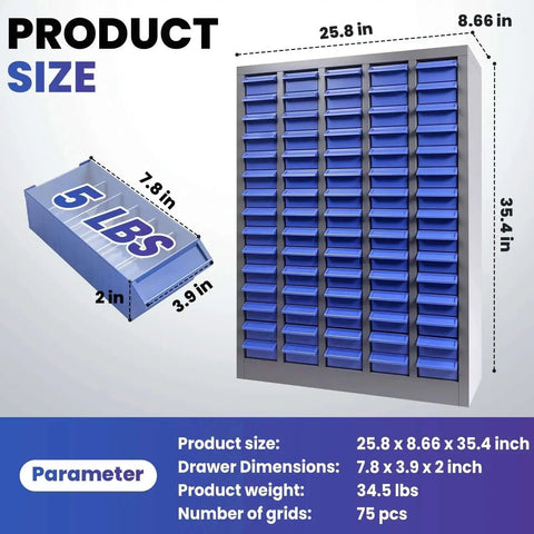 75 Drawer Nut And Bolt Storage Organizer With Anti Drop Design, heavy-duty steel frame, ABS drawers, size details shown