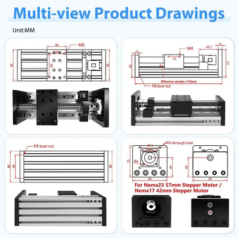 Multi-view product drawings of Dual Rail Linear Stage Table With Heavy Duty 12 Inch Stroke SFU1605 Ballscrew 300mm Travel