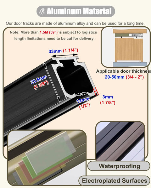 Diagram showing dimensions and features of Nine Point Six Foot Soft Close Pocket Door Track Kit For Sliding Barn Doors With Wall Mount Bracket And Smooth Roller System.