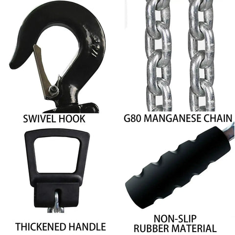 Close-up of Manual Lever Chain Hoist One Quarter Ton 20 Ft Come Along With G80 Chain, featuring swivel hook and G80 manganese chain.