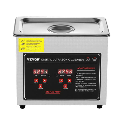 Front view of VEVOR digital ultrasonic cleaner in stainless steel with black control panel and red LED digits