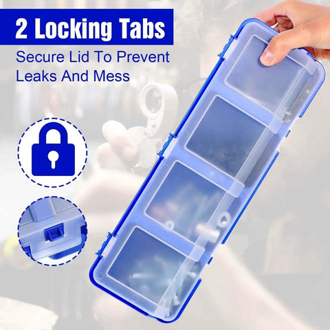 Six Piece Screw Organizer Box With Lids Slanted Opening For Easy Grab And Go Access Four Divider Compartments Locking Latches Handy Garage Toolbox Case For Nails Bolts Small Parts And Hardware, showing closed lid and locking tabs.