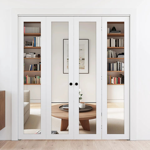 Mirror Bifold Closet Doors Set With Sliding Hardware Kit For 72 Inch Wide By 80 Inch High, Two 18 Inch Panels, White MDF Frame
