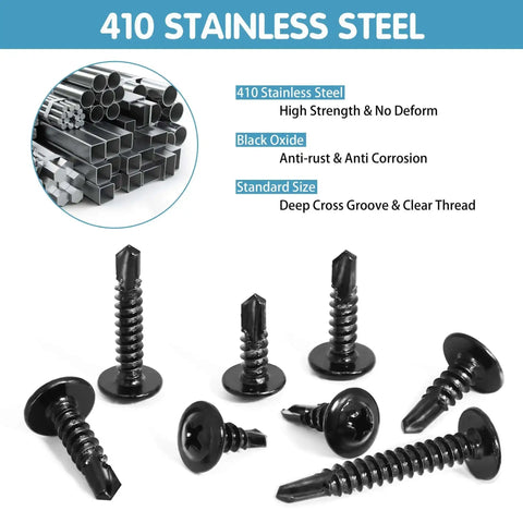 Stainless Steel Self Tapping Screws Kit With 380 Pieces Black Oxide TEK Screws For Metal in various sizes shown with 410 steel.