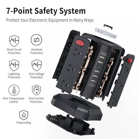 Diagram of a Heavy Duty Surge Protector Power Tower with 5 USB Ports and Night Light featuring 7-point safety system.