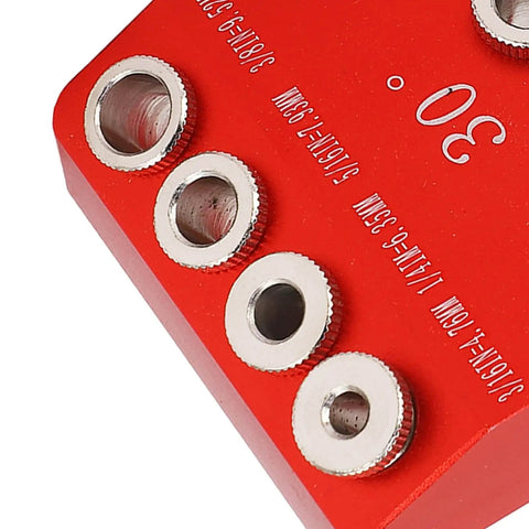 Close-up of Pocket Hole Jig for Woodworking and Furniture Assembly, aluminum alloy with 30-degree and steel drill sleeves.