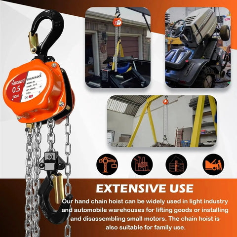 Half Ton Portable Hand Chain Hoist 1100 Lbs Lift Up To 10 Feet Durable Steel in garages and workshops