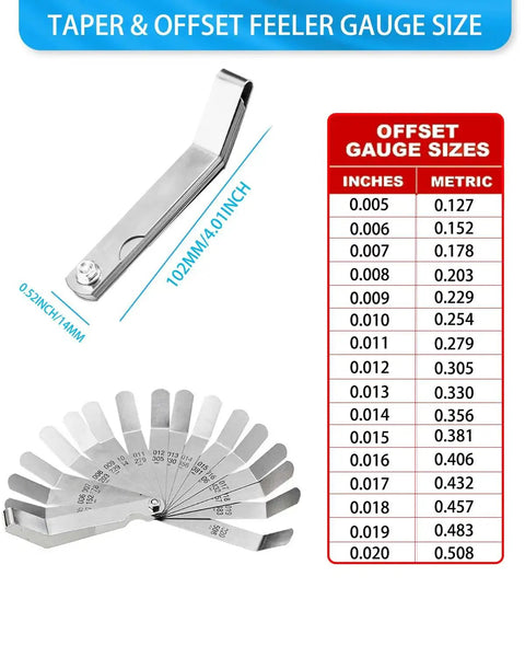 32 Blade Tapered Feeler Gauge Set In Stainless Steel With Dual Metric And SAE Markings chart and folded pro grade tool
