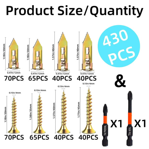 430 Piece Self Drilling Drywall Anchors And Screws Kit With 2 Sheetrock Anchor Sizes, 4 Zinc Expansion Screw Sizes, 2 Drill Bits