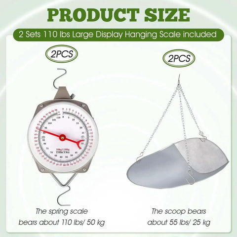 Two Pack 110 Lb Large Display Hanging Scales With Scoops And Chains For Produce Kitchen Dial Weight Scales For Shopping Travel And Food Weighing Great For Home Business Markets And Farms shown along with scale and scoop bearing capacities