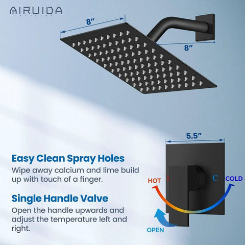 Matte Black 8 Inch Rain Shower System With SUS304 Stainless Steel Shower Head And Single Handle With Male Threads Rough In Valve Brass Mixer Wall Mount Trim Kit Easy Install Shower Faucet Set Built To Last, front view showing the 8-inch square head and single handle control.