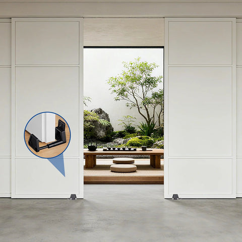 Two Pack Adjustable Barn Door Floor Guide Set With Wall Mount Guides And Screws installed on sliding door, heavy duty black finish