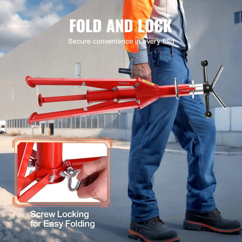 Heavy Duty Pipe Jack Stand With Adjustable Height And Folding Portable 2500 Lb in folded position with locking mechanism