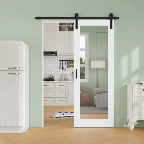 28 Inch By 80 Inch Preassembled Solid Core MDF Sliding Barn Door Kit With 72 Inch Track And Black Hardware, 1 Lite Mirror Panel