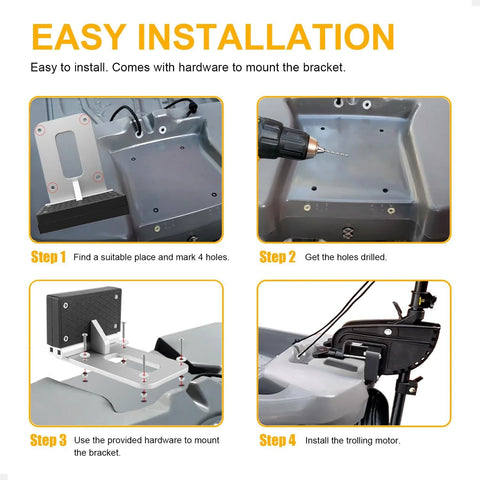 Installation guide for Universal Transom Trolling Motor Mounting Bracket on flat stern kayak with drill and hardware steps.