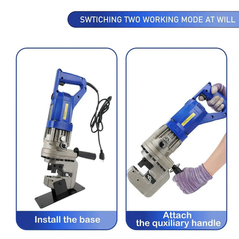 Beast 1300W Electric Hydraulic Hole Puncher with 10 Ton Punch, installation and handle attachment steps shown.