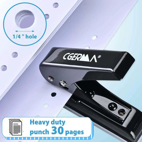 Heavy Duty Single Hole Punch For 0.25 Inch Holes, 30 Sheet Capacity, Includes 10 Loose Leaf Binder Rings, Black