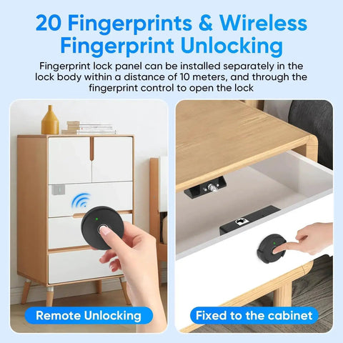 Smart Cabinet Lock With Fingerprint, Remote Unlock, And USB Key Backup installed on a drawer showing remote unlocking feature.