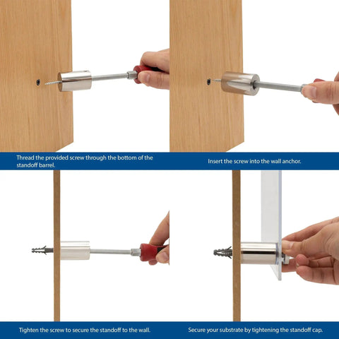 Stainless Steel Sign Standoff Set One Half Inch Diameter And One Half Inch Barrel Length Brushed Finish For PVC Glass And Acrylic Sign Mounts Includes Flat Head Screws And Drywall Anchors Ideal For Indoor Commercial Displays Pack Of Twenty installation steps.