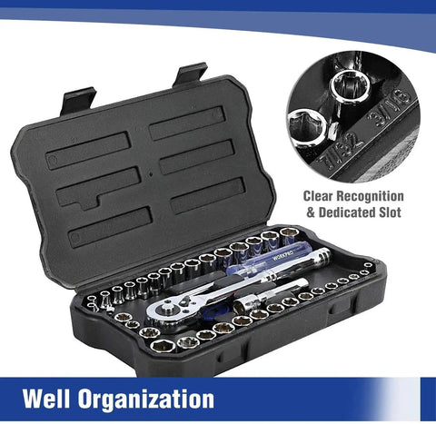 39-Piece Drive Socket Set With Quick-Release Ratchet, One Quarter Inch And Three Eighth Inch Drives in open case