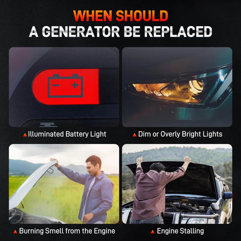 Signs for generator replacement: illuminated battery light, dim headlights, open hood with burning smell, engine stalling.
