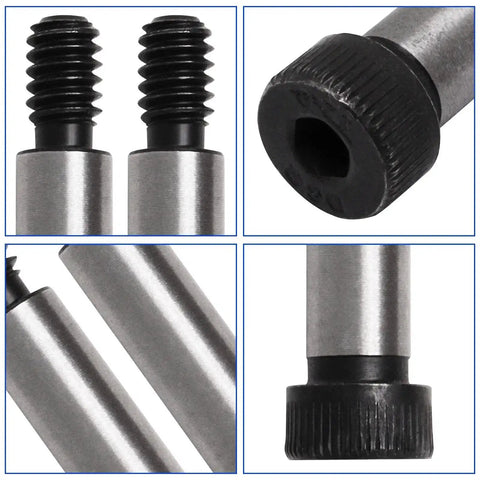 Close-up of Beefy Alloy Steel Hex Socket Shoulder Screws 6 Pack, showing threaded and shoulder sections, 1/2 inch diameter, 1-1/2 inch length.