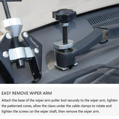Close-up of Beefed Up Dual Purpose Wiper Arm Puller Tool For Cars And Windshields, Wiper Arm Remover And Battery Terminal Puller in use