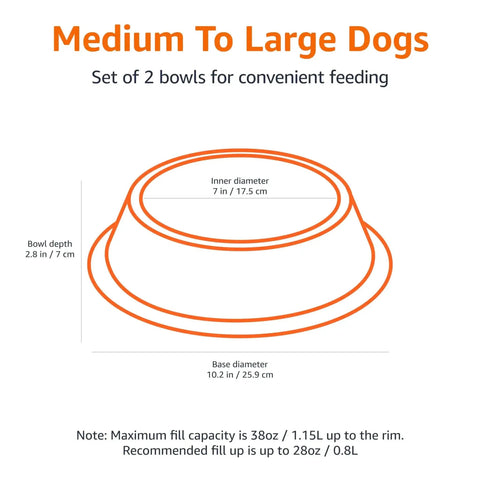Diagram showing dimensions of Stainless Steel Non Skid Dog Food And Water Bowls Set Of 2 For Pups, 38 ounce capacity, for medium to large dogs