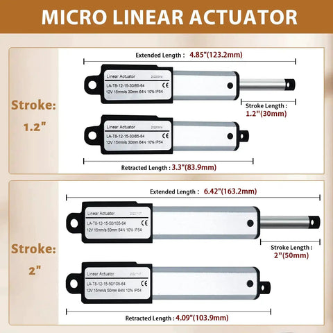 Diagram showing micro linear actuators with specs including stroke lengths of 1.2 and 2 inches, part of Ultra Compact 12V DC Linear Actuator With Remote Control Kit Two Inch Stroke 64N Load About 14.4 Lb 0.6 Inch Per Second Travel Aluminum Alloy Shell Includes Mounting Brackets And Controller For Robotic Projects.