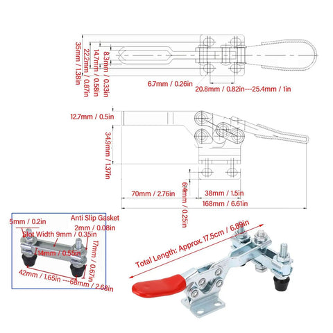 Diagram of Beefy Heavy Duty Toggle Clamp With 500 Lb Holding Capacity, dimensions, quick release, anti slip rubber tips