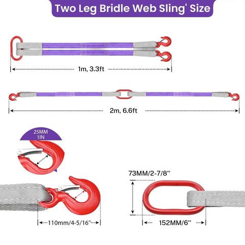 Vigtayue two-leg bridle sling with red hooks; purple polyester webbing, 3.3 ft & 6.6 ft lengths, 4409 lb capacity (Amazon)