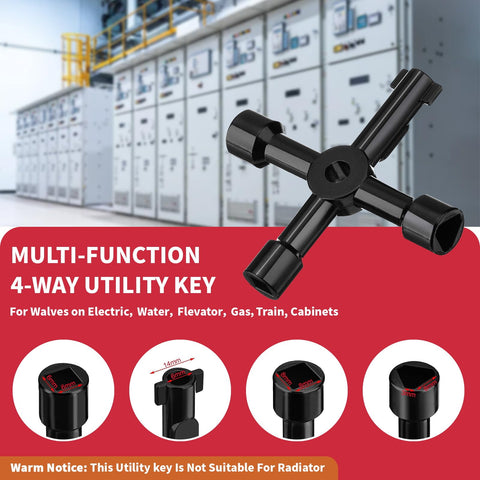Multi-function 4-way utility key with tips for electric, water, elevator, gas, train, cabinets in industrial setting