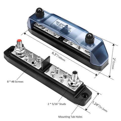 Rugged Bus Bar Power Distribution Block For DIY Wiring With Two 5/16 Inch Studs Eight Screw Terminals Ring Terminals Insulated Polycarbonate Cover And Nylon Nuts For Short Circuit Protection 300V AC Max, showing dimensions and materials.