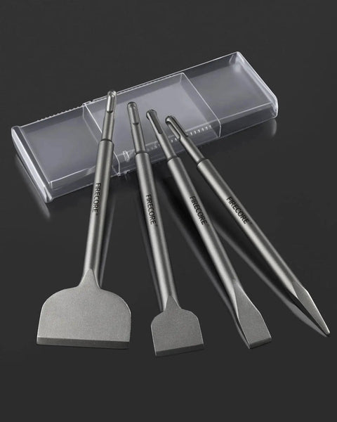 Alloy Steel 4 Piece SDS Plus Chisel Set For Demolition And Tile Removal Includes Point 10 Inch Flat 0.8 Inch Wide 10 Inch Scaling 1.6 Inch