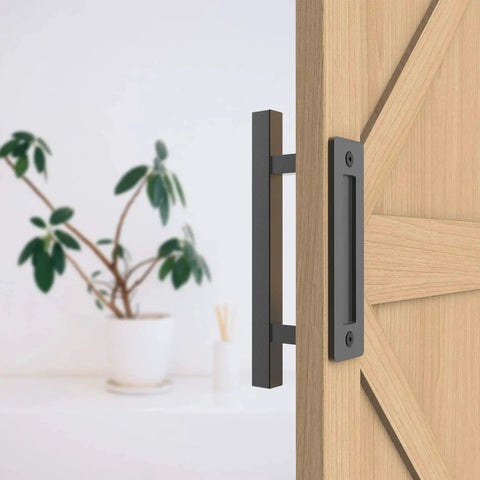 12 Inch Sliding Barn Door Handle Pull And Flush Hardware Set In Rustic Black Finish Anti Rust Steel installed on wood door