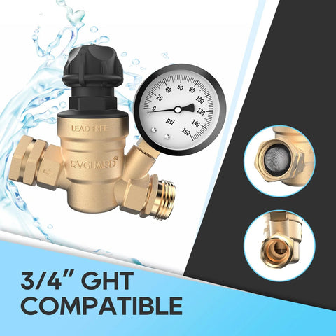 Brass RV water pressure regulator valve with gauge, RVGUARD, 3/4 in GHT compatible, lead-free with inlet screen