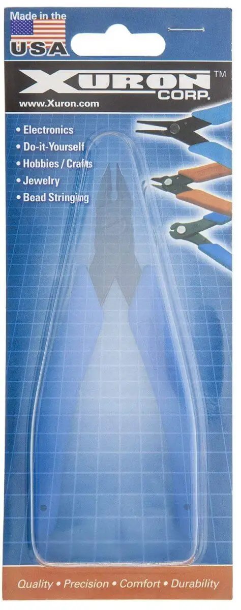 Packaging of Precision Tweezer Nose Pliers with radiused non-marring tips, made in USA, for delicate wire and fine electronics.