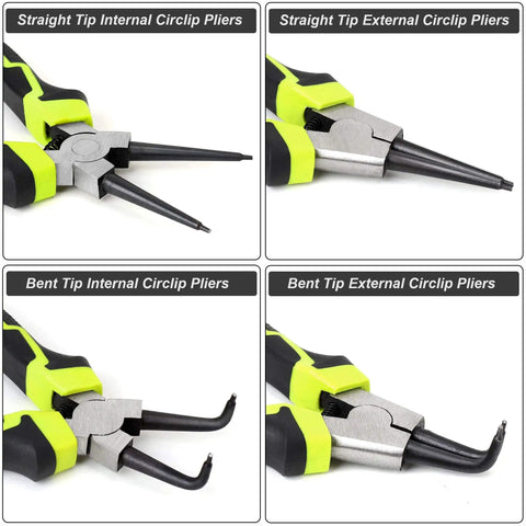 Beefy Four Piece 7 Inch Snap Ring Pliers Set Internal And External Circlip Pliers Kit with Straight and Bent Jaw views