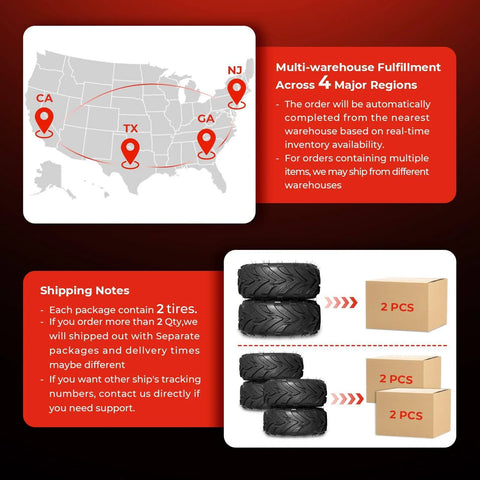 Map highlighting multi-warehouse fulfillment locations and shipping details for All Terrain Mud ATV UTV Tires 16x8-7 Set Of 2 Tubeless 4 Ply With Directional Tread Grippy On Rough Trails For Go Karts And Outdoor Off Road Fun Fits 7 Inch Rims.