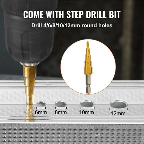 Step drill bit with drill making clean round holes in sheet metal, sizes 4-12mm, compatible with Dual Head Sheet Nibbler Metal Cutter Power Drill Attachment For Quick Sheet Metal Cutting This Cutting Tool Delivers Clean Edges With Dual Heads Easy Install White Finish Perfect For DIY Pros