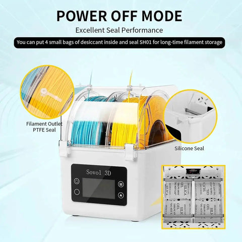 Moisture Busting Filament Dehydrator Dry Box With Upgraded Fan for 3D Printing showing interior seal and filament storage feature.