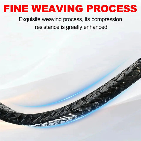 Close-up of flexible graphite braided compression packing, ten feet long, one eighth inch by one eighth inch, showcasing fine weaving process.