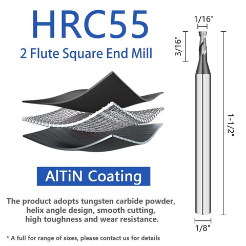 2 Flute Tungsten Carbide End Mill Set One Sixteenth Inch Cutting Diameter With AlTiN Coating For Milling Alloy Steels Cast Iron