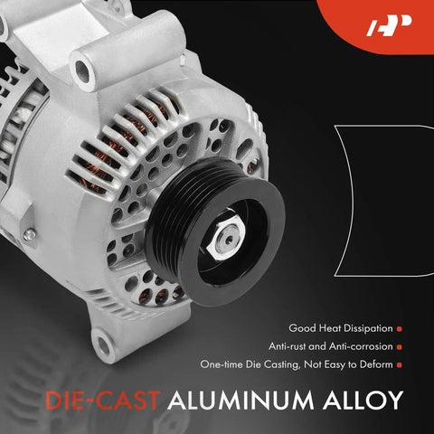 Beefy 95 Amp 12V 6 Groove CW Alternator Replacement For Ford F Series F150 F350 Explorer E150 Econoline Club Wagon E250 Ranger Mazda B2300 Mercury Tracer 12V 95A High Output Auto Part, die-cast aluminum alloy close-up