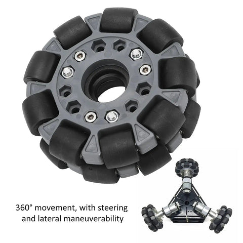 100mm Nylon Rubber Omni Wheel for robot race vehicles with durable double row design and 360 degree omnidirectional movement.