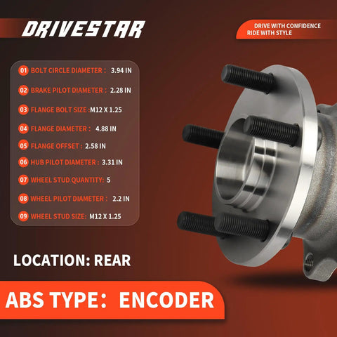 Rear Wheel Hub And Bearing Assembly For Subaru Legacy And Outback 2005 Through 2009 With ABS Encoder, 5 Lug, diagram view
