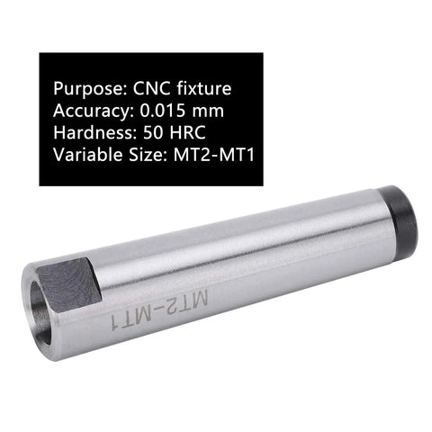 MT2-MT1 Morse taper adapter, side view, silver metal cylindrical sleeve with a black threaded end and MT2-MT1 marking.