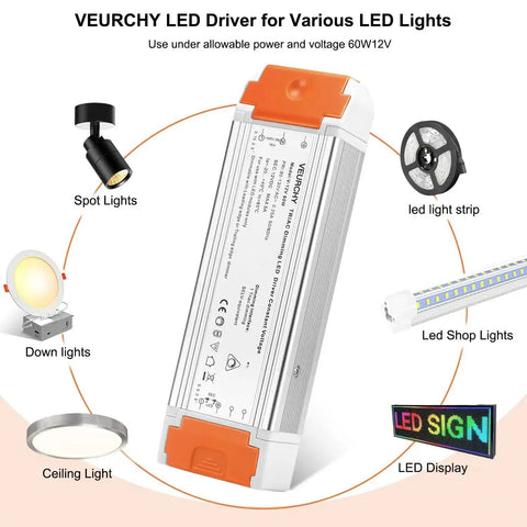 Dimmable LED Driver 12V DC 60W Triac Dimming Transformer for LED Strip Lights 120V AC Input Isolation Protection